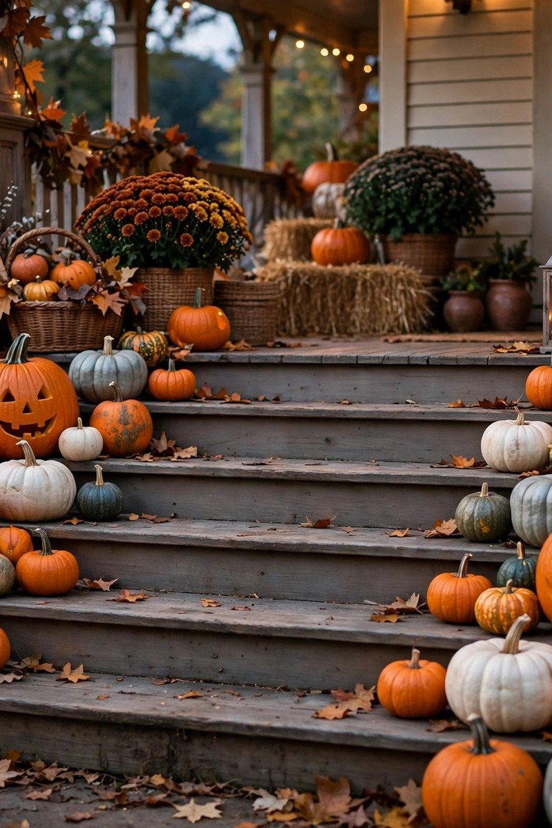 Pumpkins of different sizes lined along porch steps for Halloween