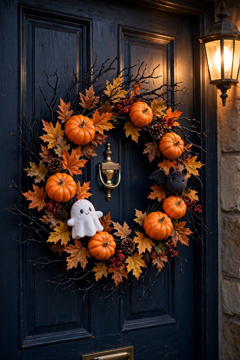Halloween wreath with black branches, small orange pumpkins and a wooden ghost sign on a front door