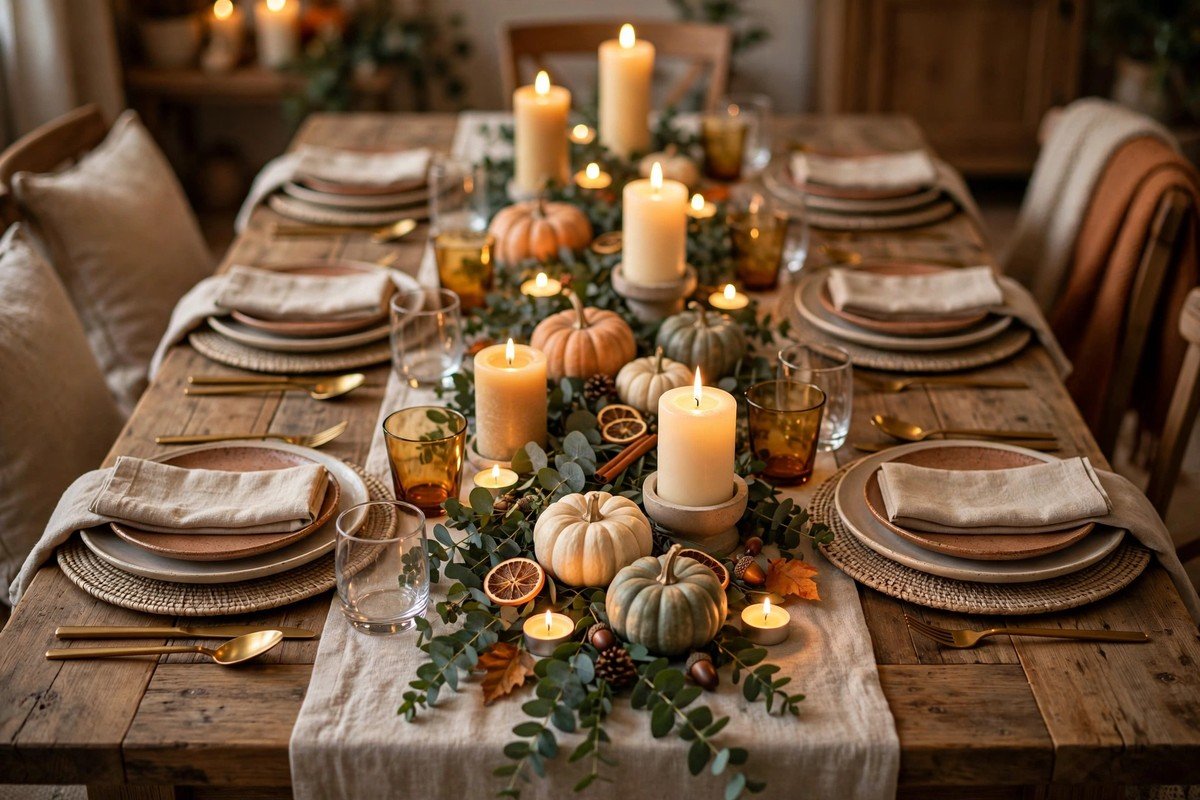 Thanksgiving dining table decorated with candles, pumpkins and fall greenery