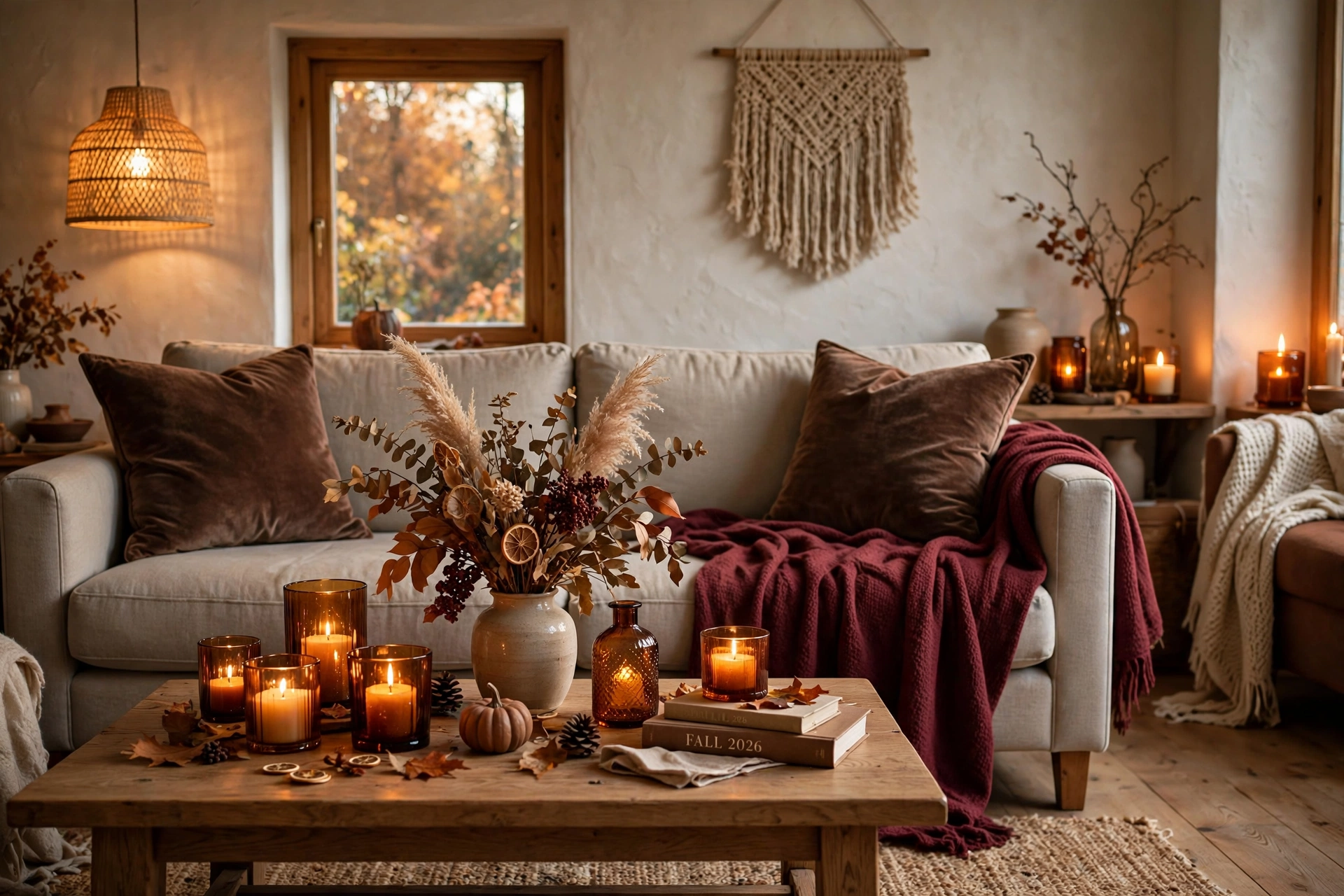 Cozy living room with chocolate brown and burgundy fall decor