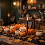 Dining table decorated with a Halloween centerpiece of mini pumpkins, black taper candles, and autumn leaves