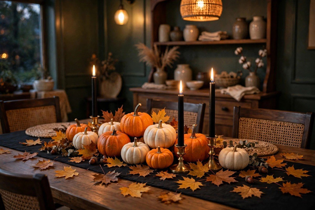 Dining table decorated with a Halloween centerpiece of mini pumpkins, black taper candles, and autumn leaves