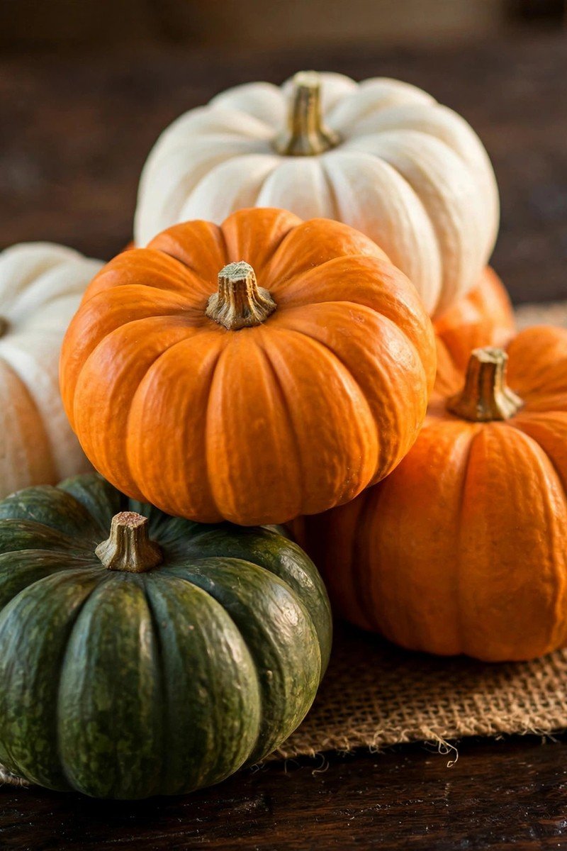 Close-up of mini orange, white, and green pumpkins clustered on a dining table