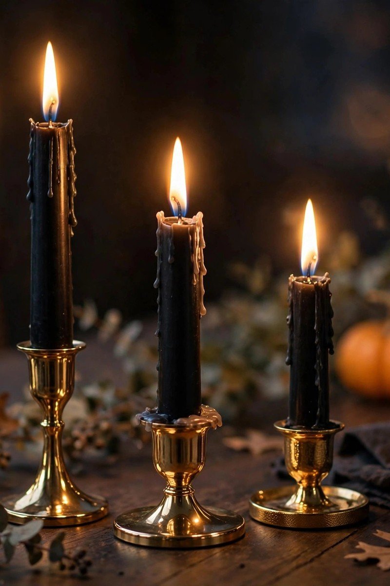 Black taper candles in gold holders glowing on a Halloween table