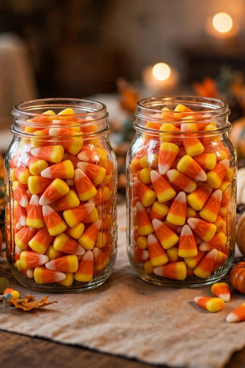 Glass jars filled with candy corn between pumpkins on a table