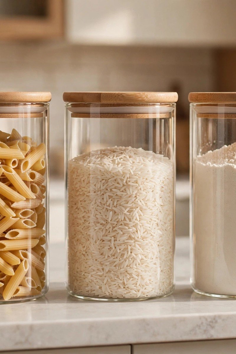 Glass jars filled with pasta, rice and flour lined up on a kitchen counter