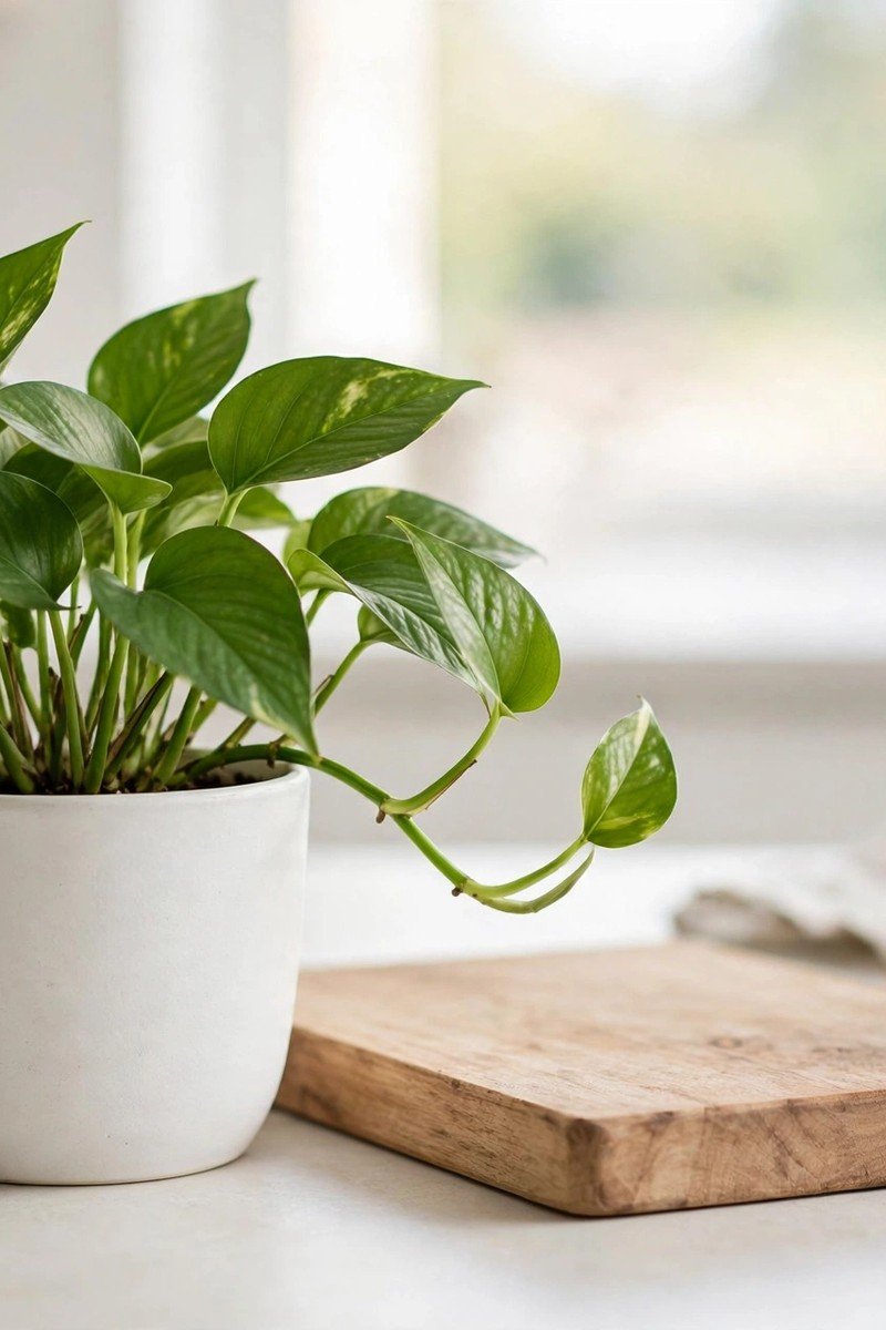 Small green pothos plant on a kitchen counter