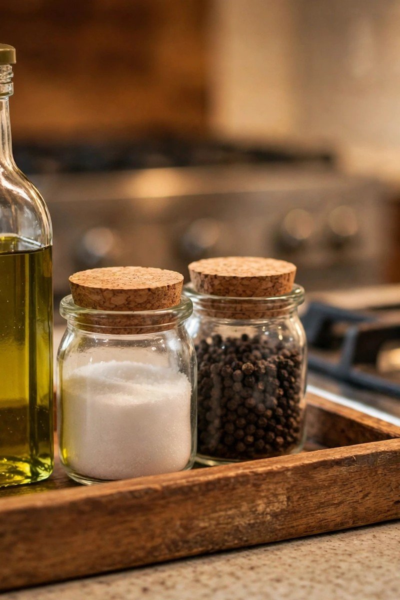 Wooden tray holding olive oil, salt and pepper next to a stove on a kitchen counter