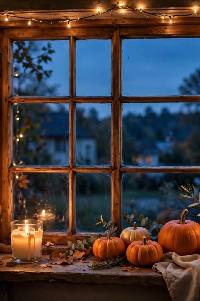 Kitchen window at dusk with a lit candle on the sill, small pumpkins, and fairy lights around the frame