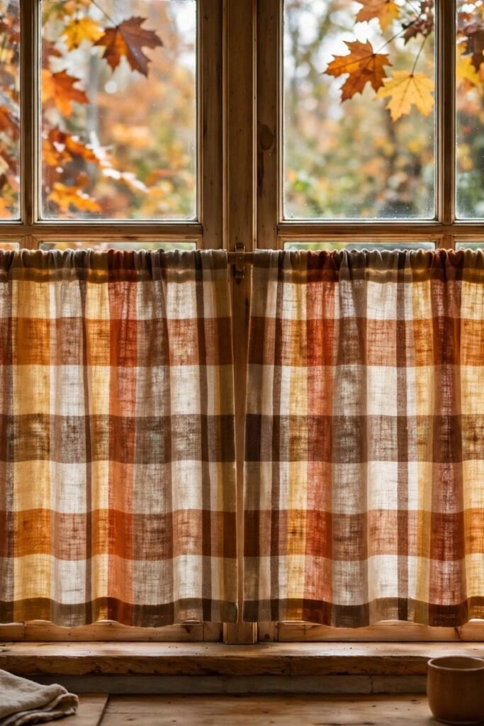Kitchen window with a simple linen cafe curtain in warm plaid, fall leaves visible outside