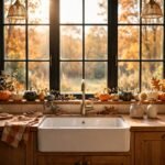 Cozy kitchen with a large window over the sink decorated for fall with mini pumpkins and gourds on the sill, warm sunlight streaming in