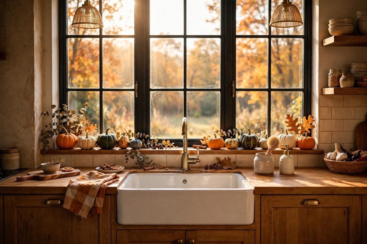 Cozy kitchen with a large window over the sink decorated for fall with mini pumpkins and gourds on the sill, warm sunlight streaming in