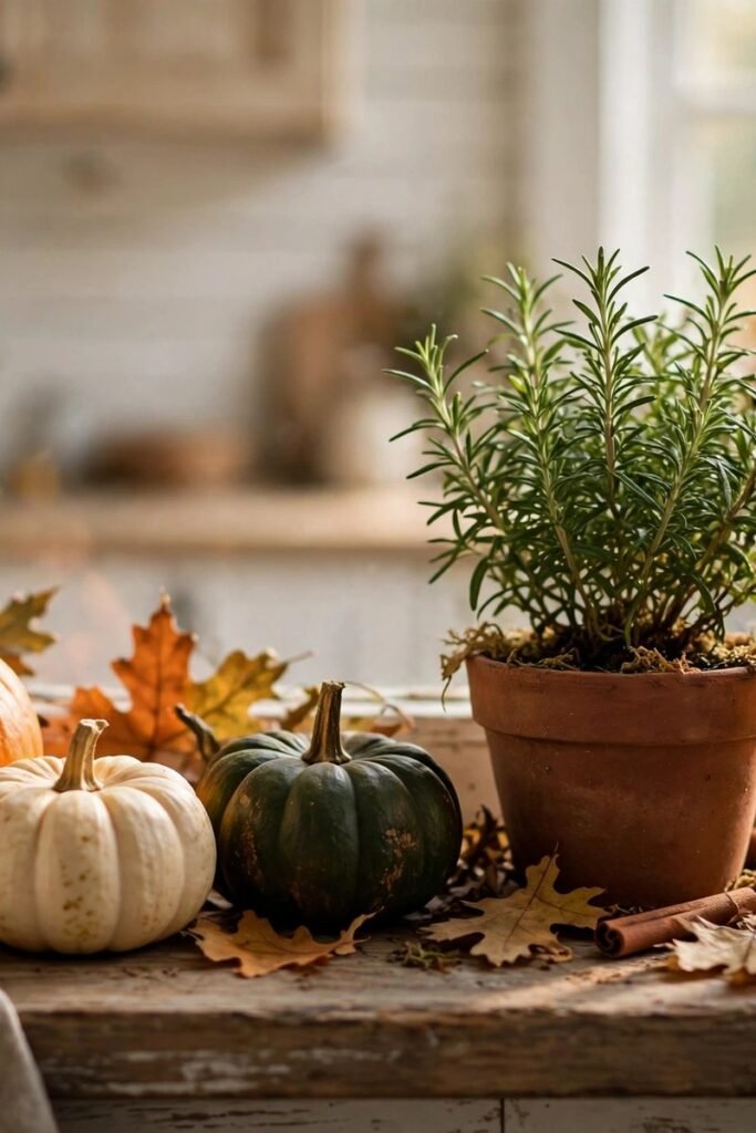 Kitchen windowsill with mini pumpkins, a potted herb plant, and a small lantern