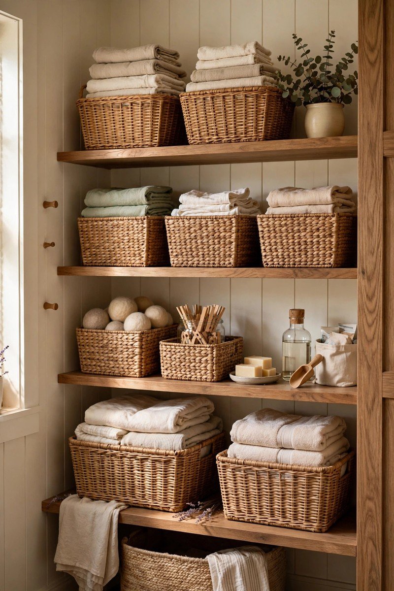 Matching woven baskets and bins on laundry room shelves holding folded linens and supplies