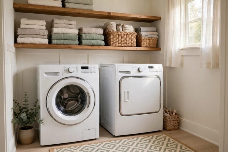 Bright small laundry room with white washer and dryer, wooden open shelves with folded towels and baskets, and a small rug