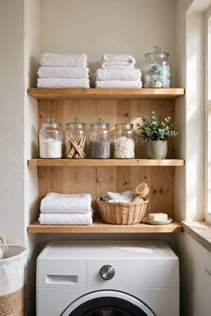 Open wooden laundry shelves styled with folded white towels, glass jars, and a small green plant