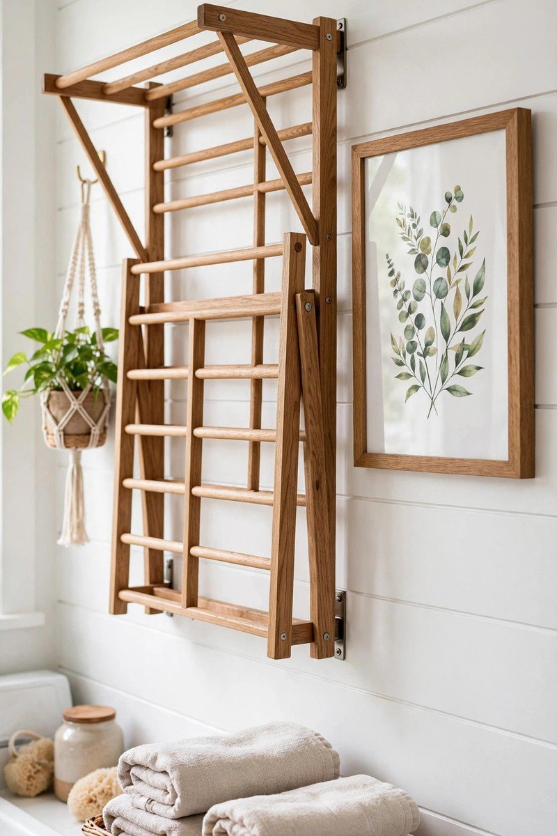 Laundry room wall with a mounted wooden drying rack, framed art print, and hanging plant