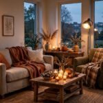 Cozy living room at dusk glowing with warm lamplight and candles