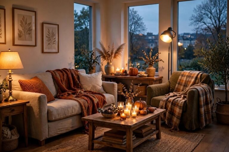 Cozy living room at dusk glowing with warm lamplight and candles