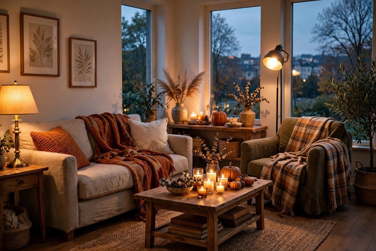 Cozy living room at dusk glowing with warm lamplight and candles