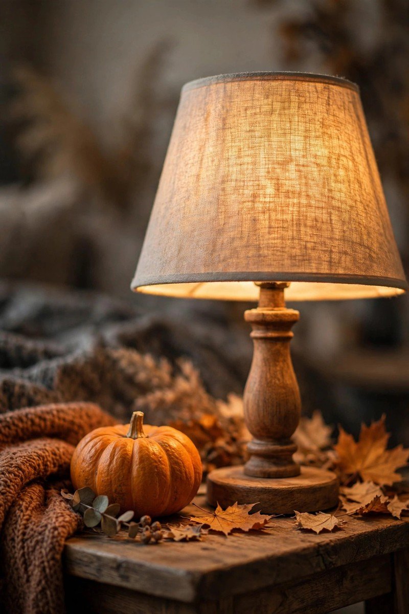 Glowing table lamp with a linen shade beside a small pumpkin