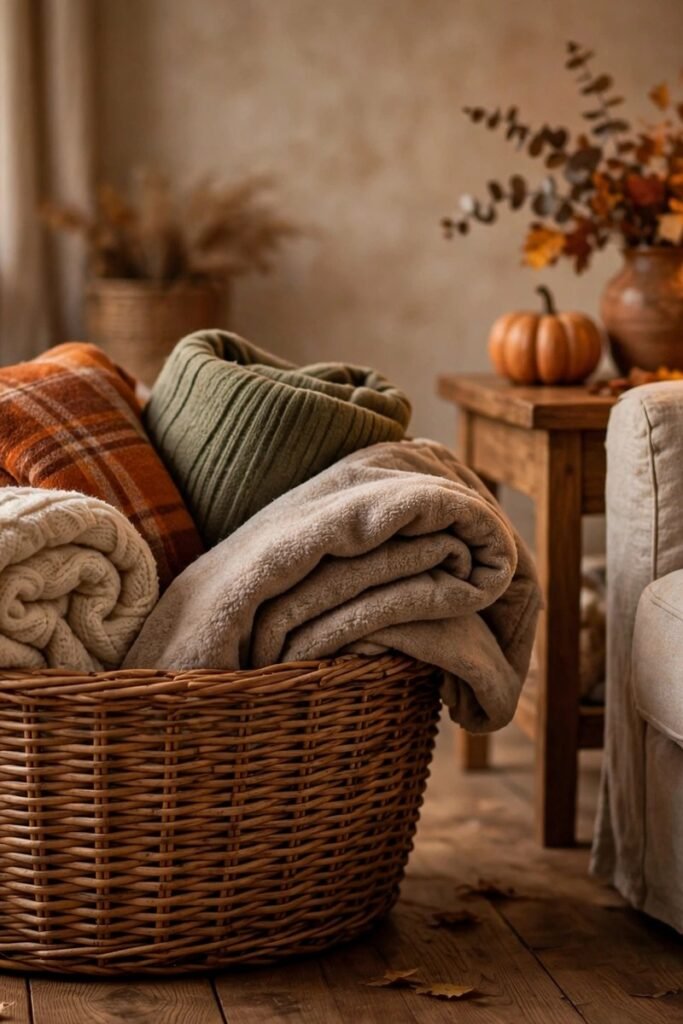Woven basket filled with knit blankets beside a couch