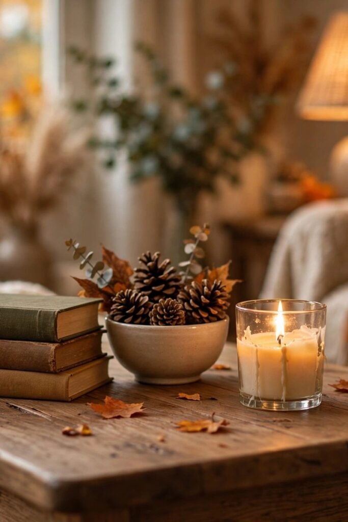 Coffee table styled simply with books, a candle and a bowl of pinecones