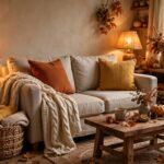 Cozy fall living room with warm throw pillows, knit blankets and soft lamplight