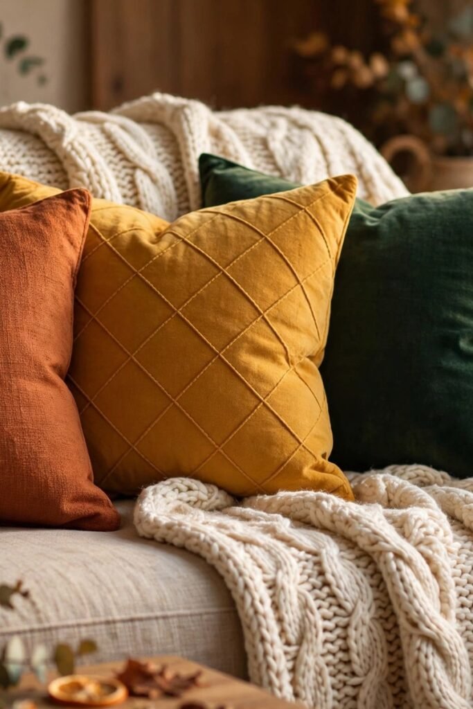 Rust, mustard and cream throw pillows on a couch for fall