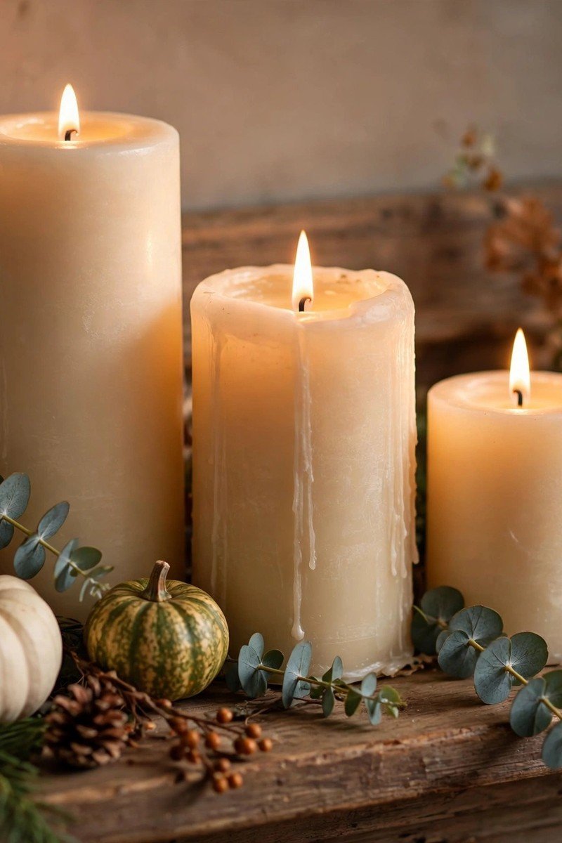 Pillar candles of different heights with small pumpkins on a fall mantel