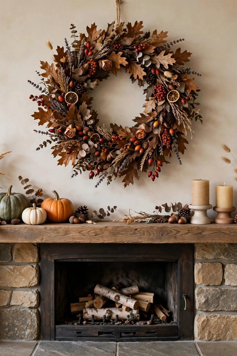 Fall wreath of dried leaves and berries hanging above a fireplace mantel