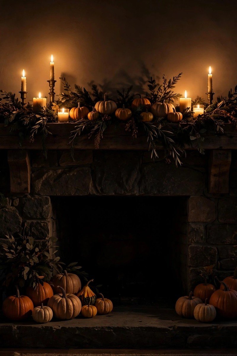 Fireplace mantel with lit candles glowing in the evening