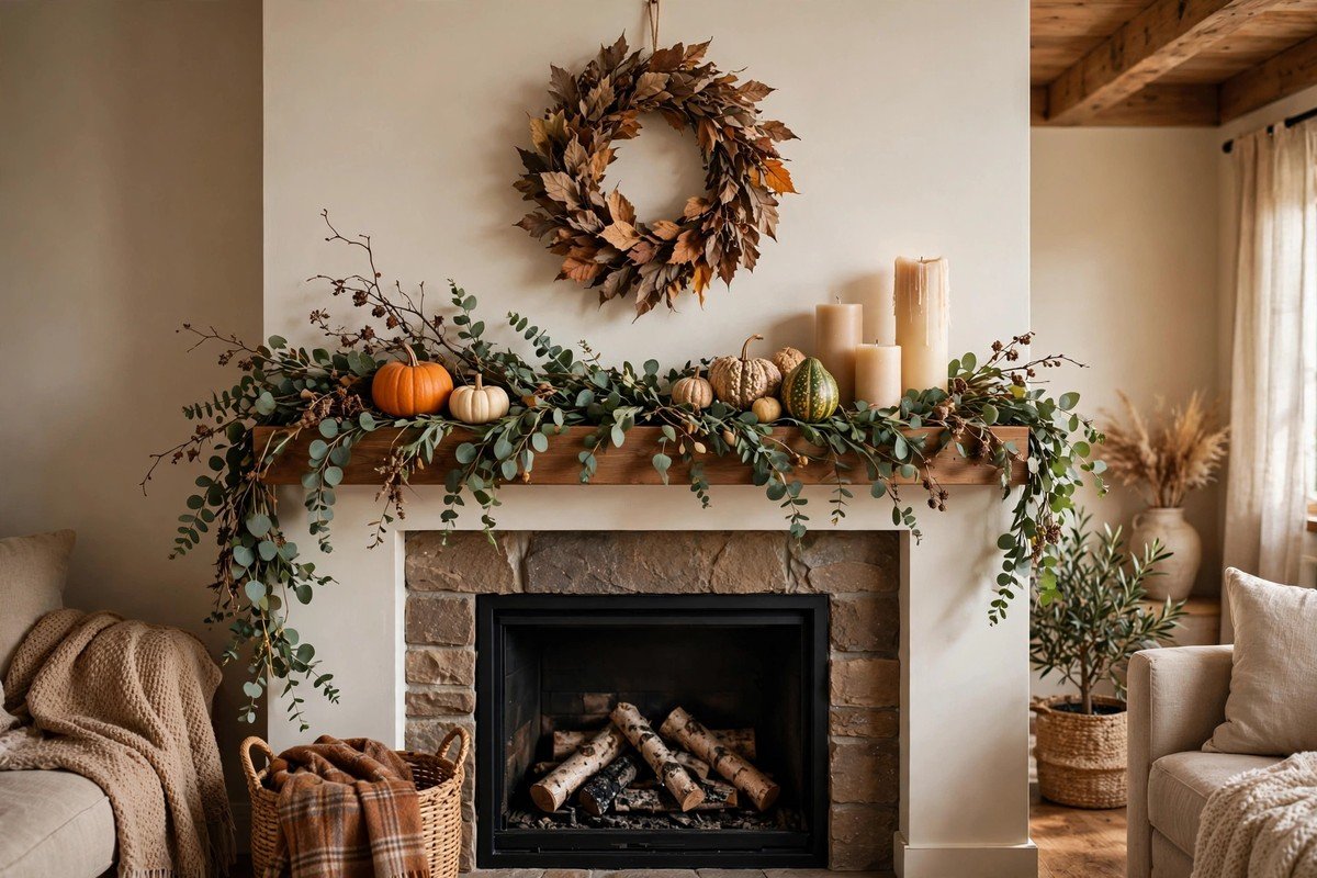 Fall mantel decorated with garland, pumpkins, and candles