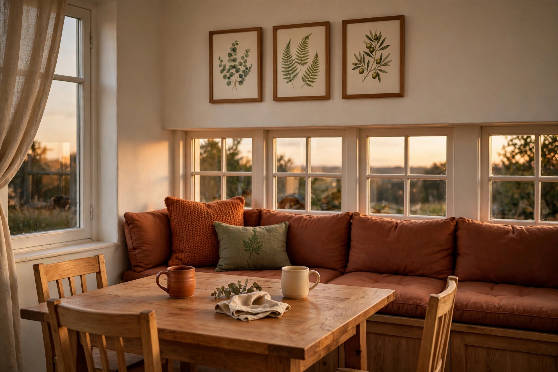 Dining nook with a window bench seat with rust-colored cushions, wood table and botanical prints on the wall