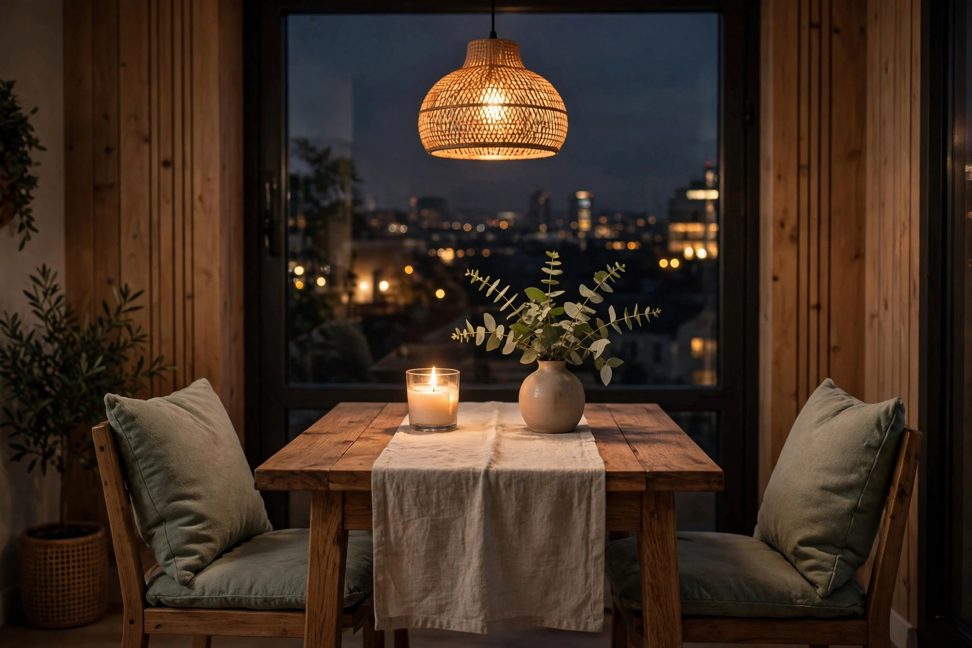 Cozy dining nook at dusk with a lit candle, ceramic vase of eucalyptus and warm pendant light glowing above
