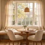 Cozy dining nook in a sunny apartment corner with a round wooden table, two cushioned chairs, window bench seat and linen curtains