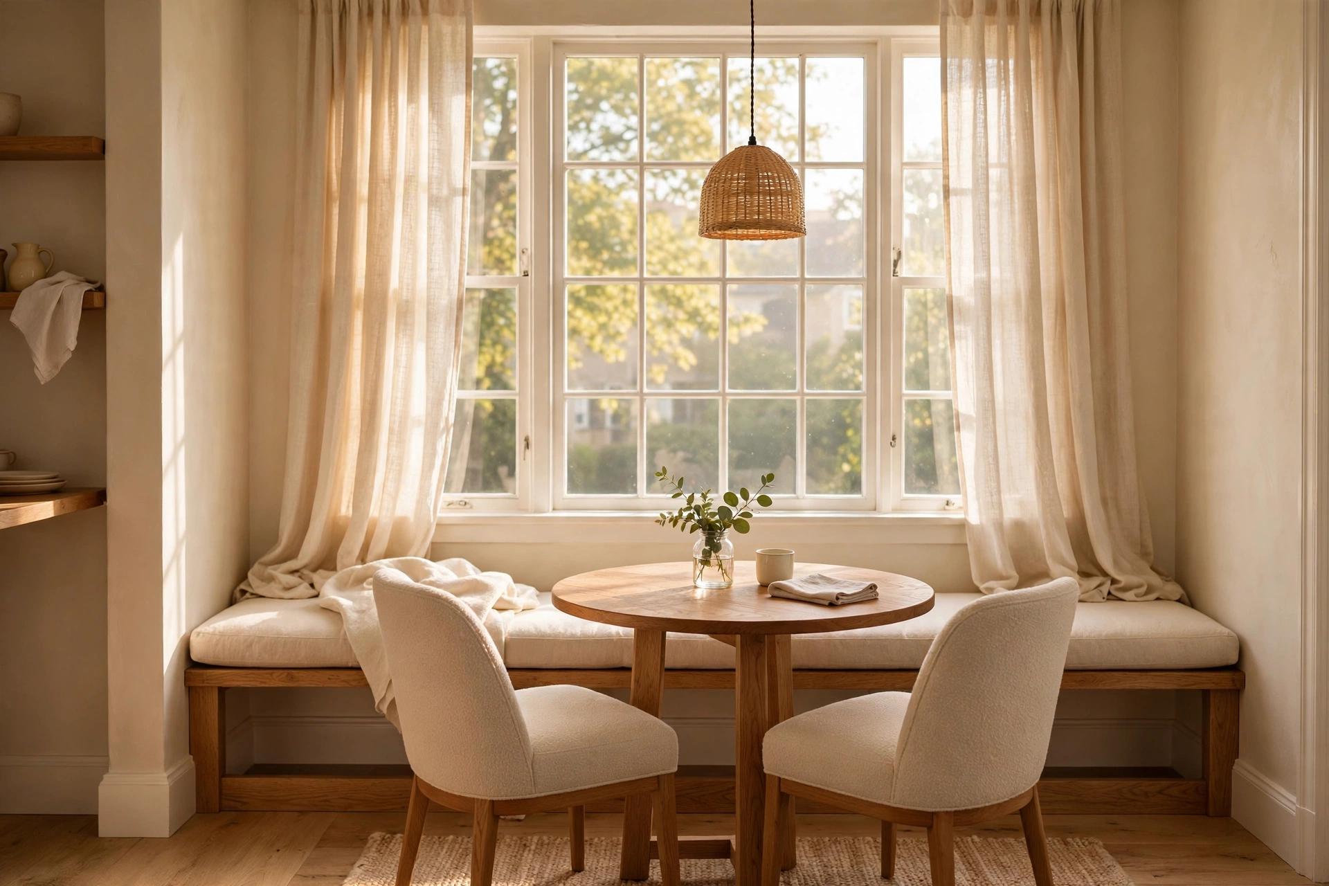 Cozy dining nook in a sunny apartment corner with a round wooden table, two cushioned chairs, window bench seat and linen curtains