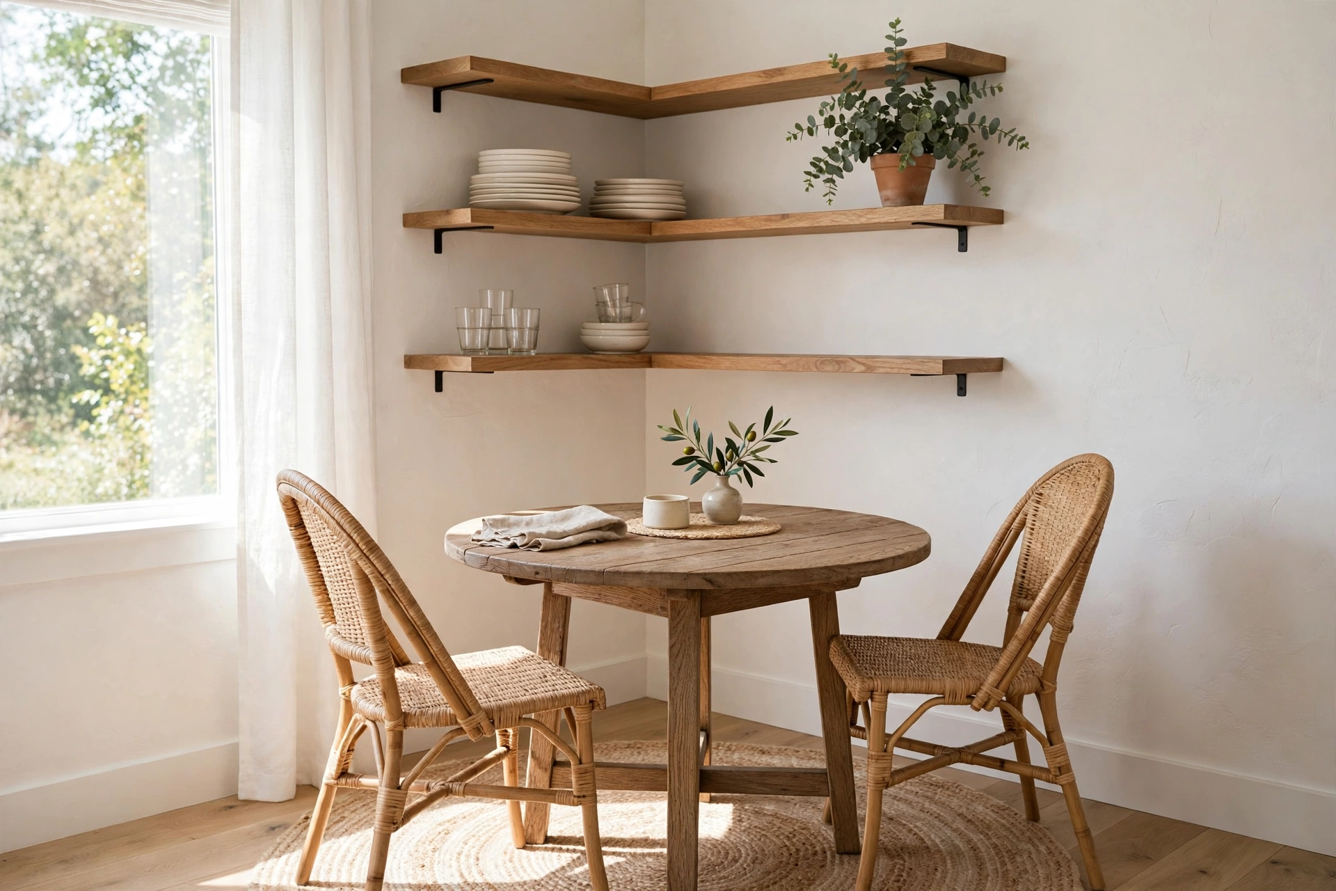 Small dining nook with open wooden shelves, round farmhouse table, rattan chairs and a jute rug
