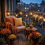 Tiny balcony decorated for fall at dusk with string lights, cushioned chair and potted mums