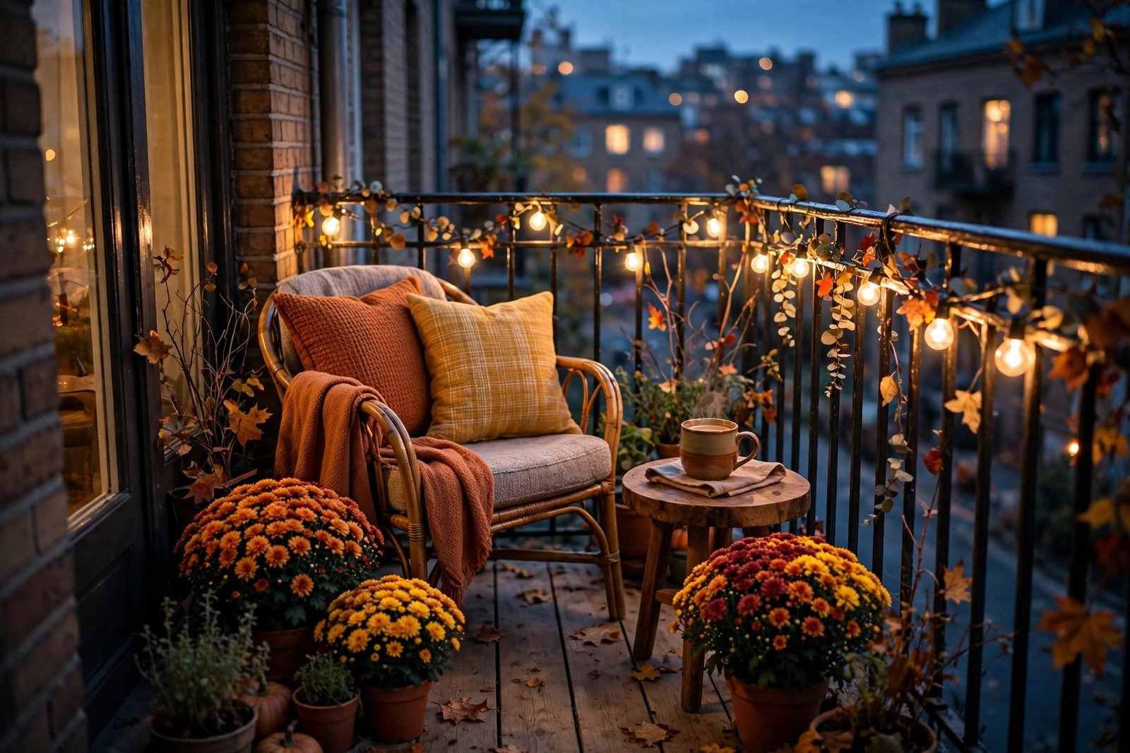 Tiny balcony decorated for fall at dusk with string lights, cushioned chair and potted mums