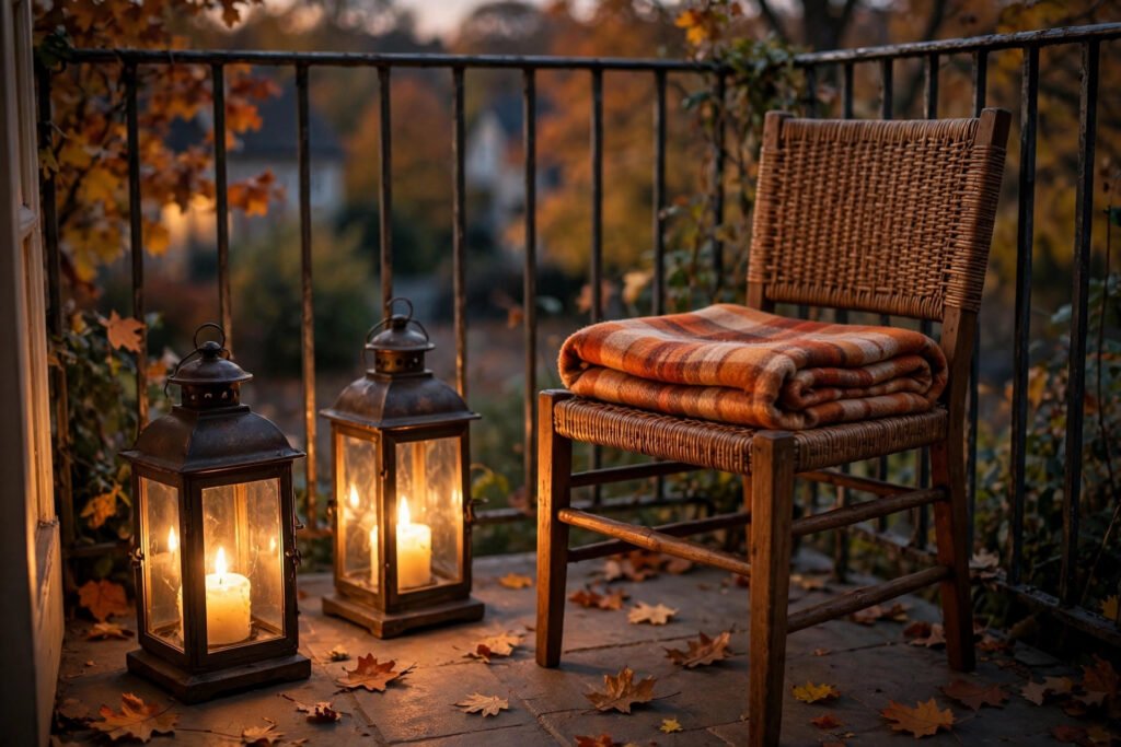 Glowing lanterns beside a chair with a folded throw blanket on a fall balcony