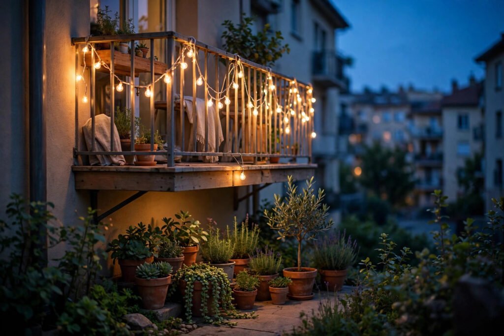Warm string lights draped along a small balcony railing at dusk