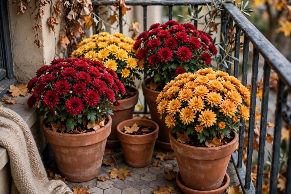 Terracotta pots of blooming fall mums in deep red and gold on a balcony