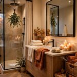 Cozy fall bathroom with warm towels, lit candles and eucalyptus on the showerhead