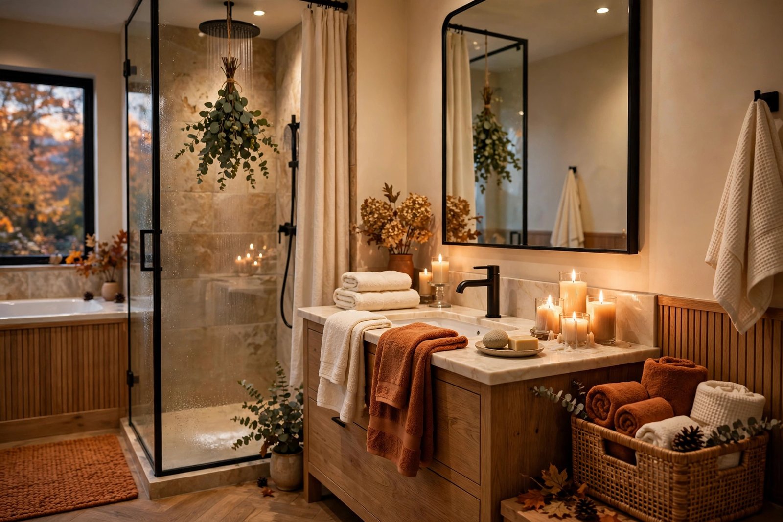 Cozy fall bathroom with warm towels, lit candles and eucalyptus on the showerhead