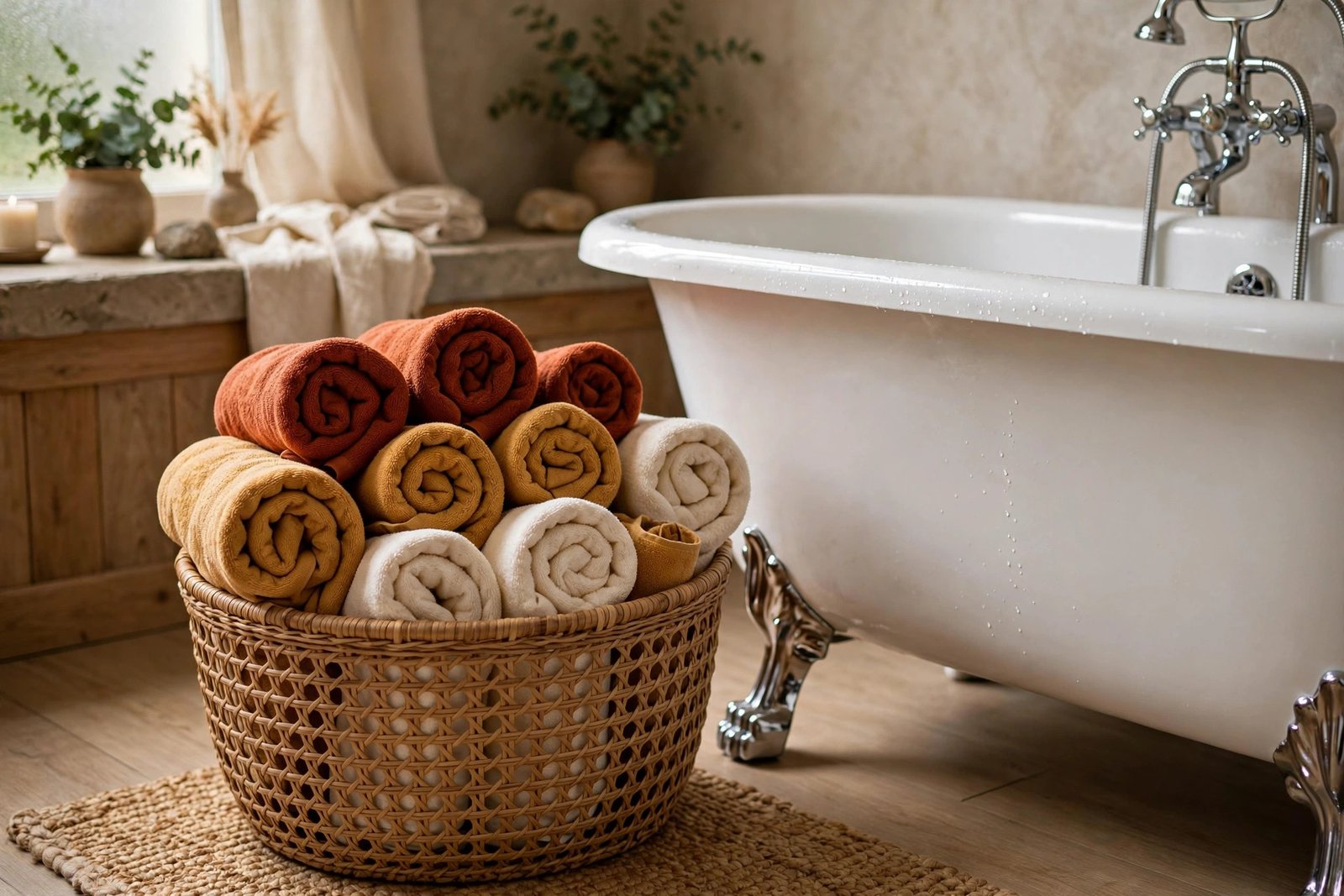 Woven basket of rolled towels in rust, gold and cream beside the bathtub