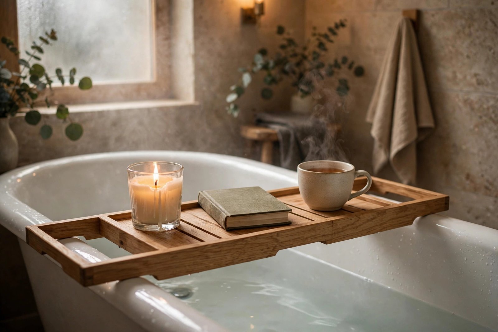 Wooden bath tray with a lit candle, book and cup of tea across the tub