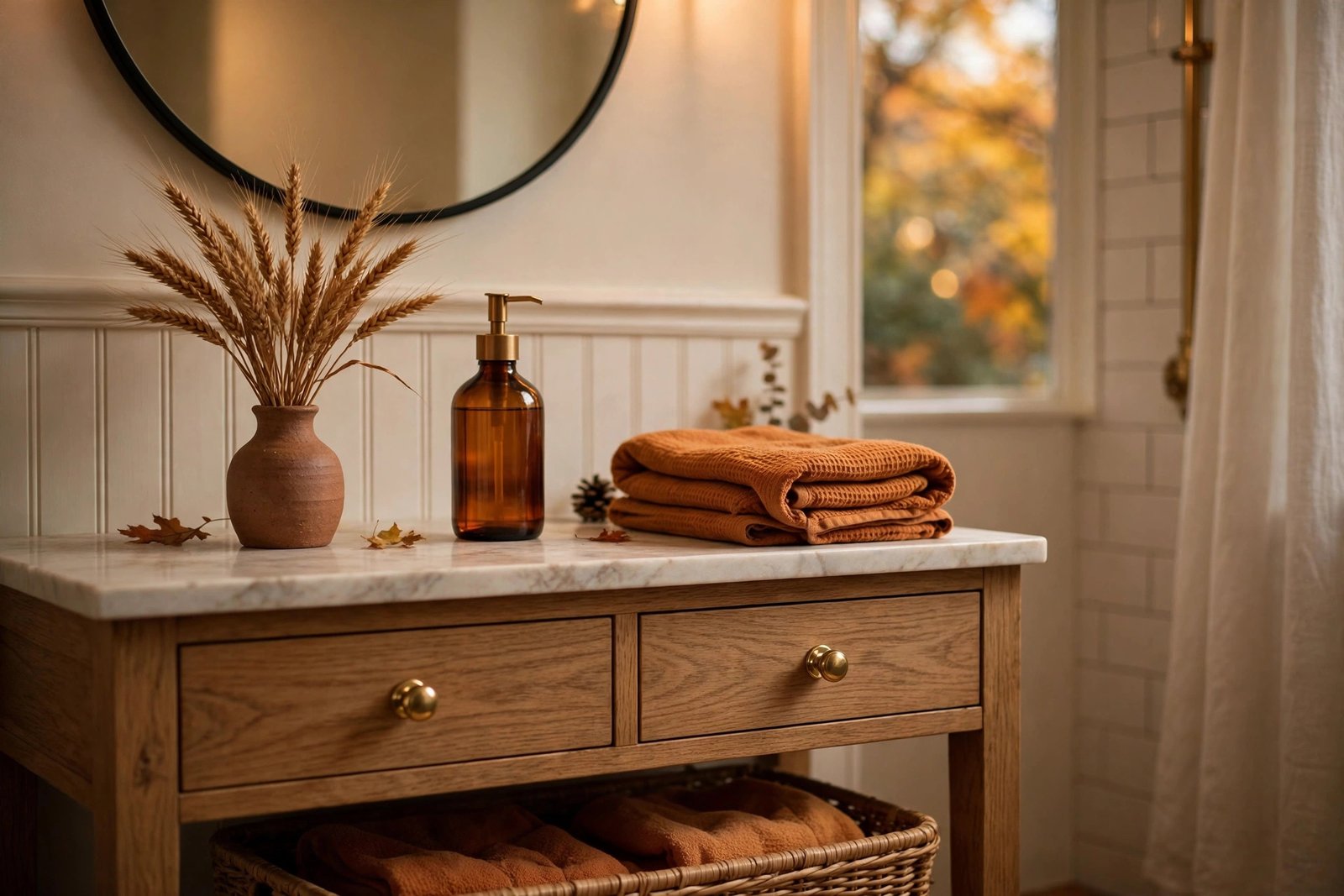 Fall-styled bathroom vanity with dried wheat stems and amber soap dispenser