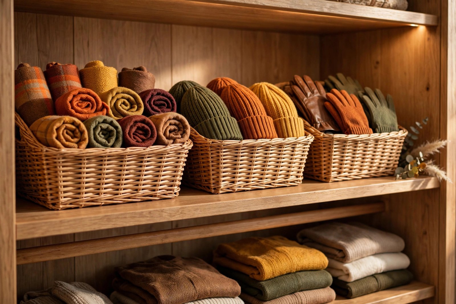 Woven baskets holding rolled scarves, hats and gloves on a closet shelf