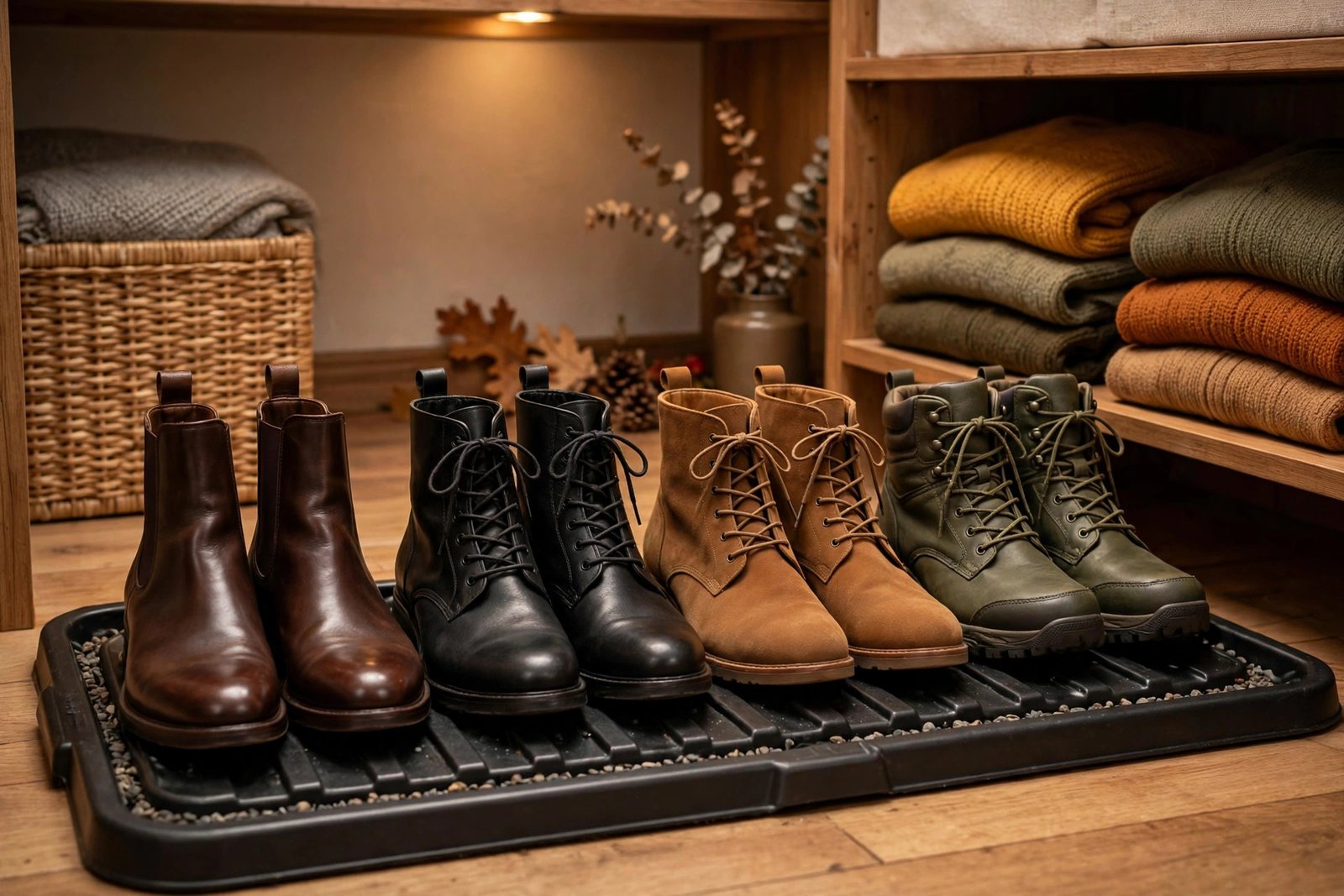 Leather boots lined up in pairs on a boot tray on the closet floor